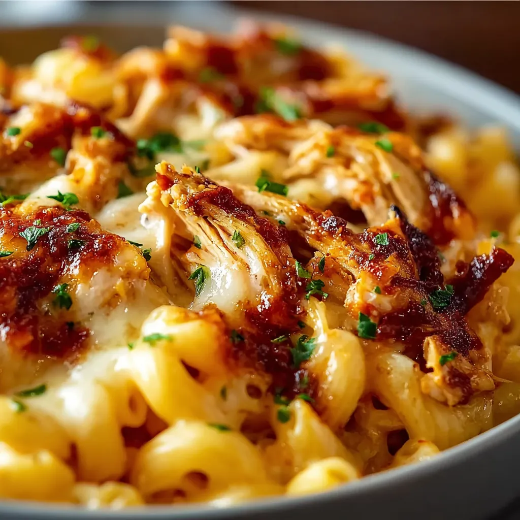 Creamy mac and cheese dish topped with shredded barbecue chicken.