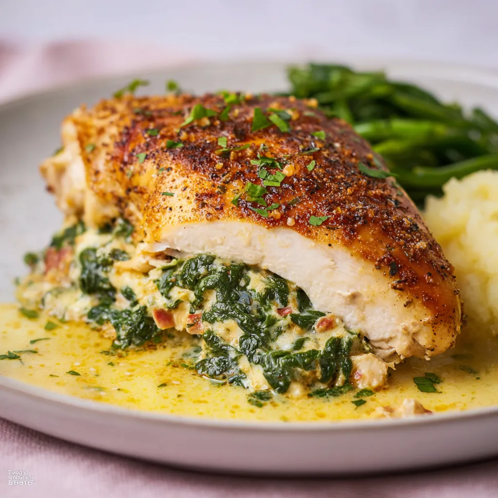 Spinach-stuffed chicken breast on a white plate, garnished with fresh herbs.