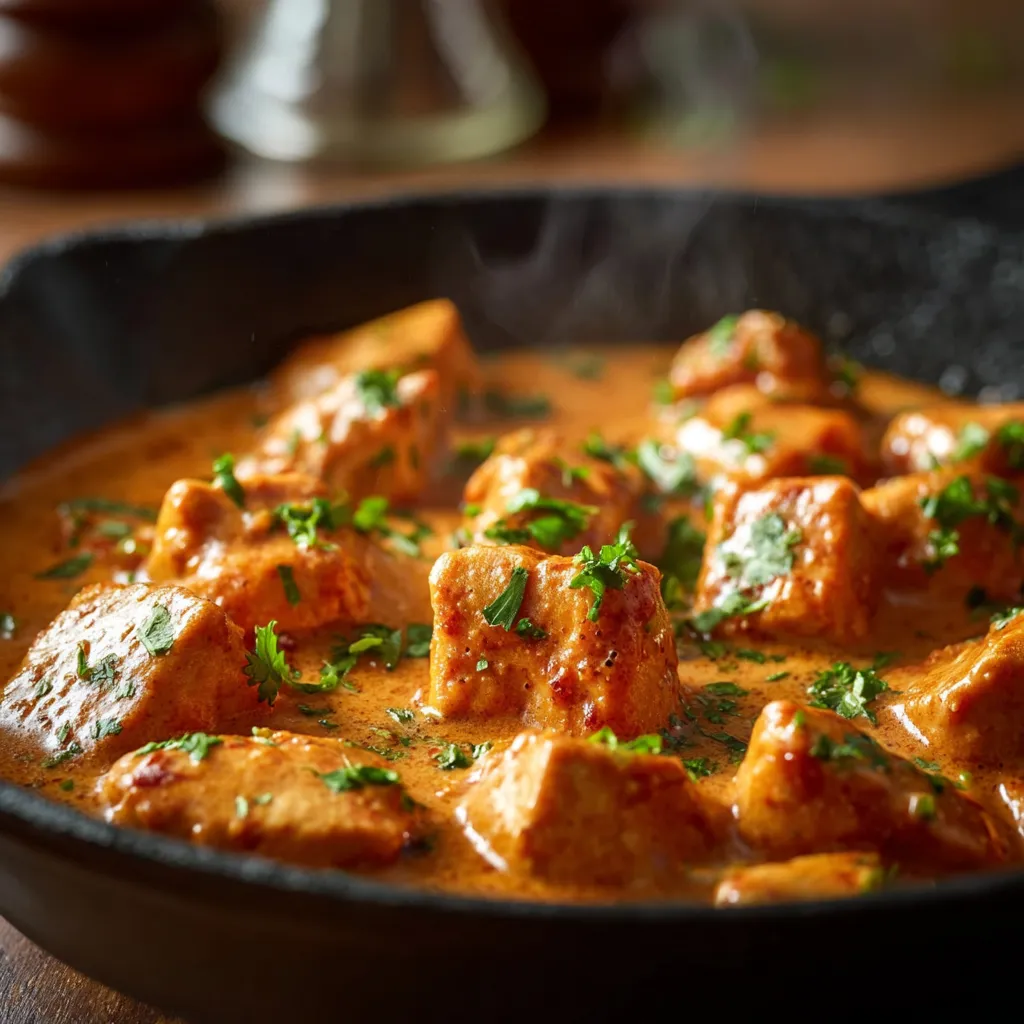 A delectable Texas Roadhouse Butter Chicken Skillet, featuring tender chicken, aromatic spices, and a rich, creamy sauce, served in a rustic cast-iron skillet.