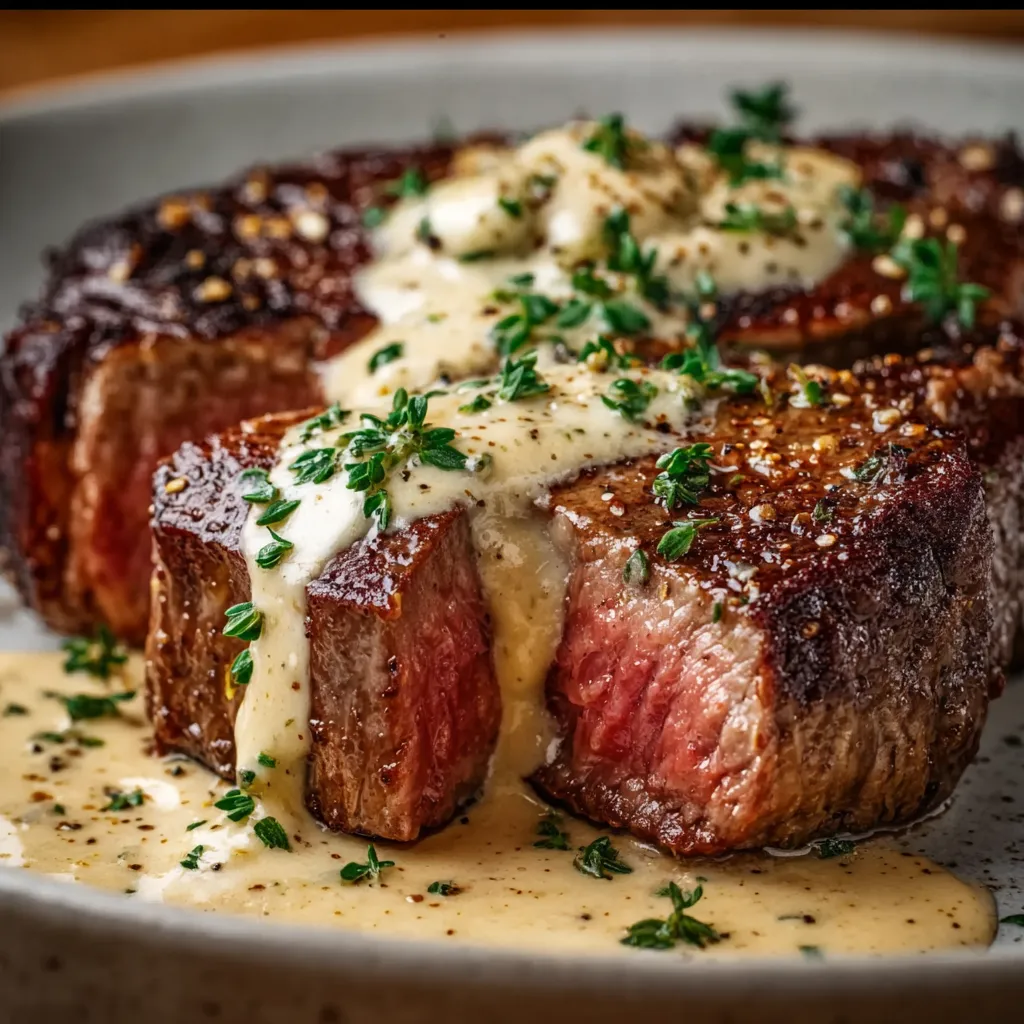 Juicy steak with creamy garlic sauce, served on a plate with fresh herbs and vegetables.