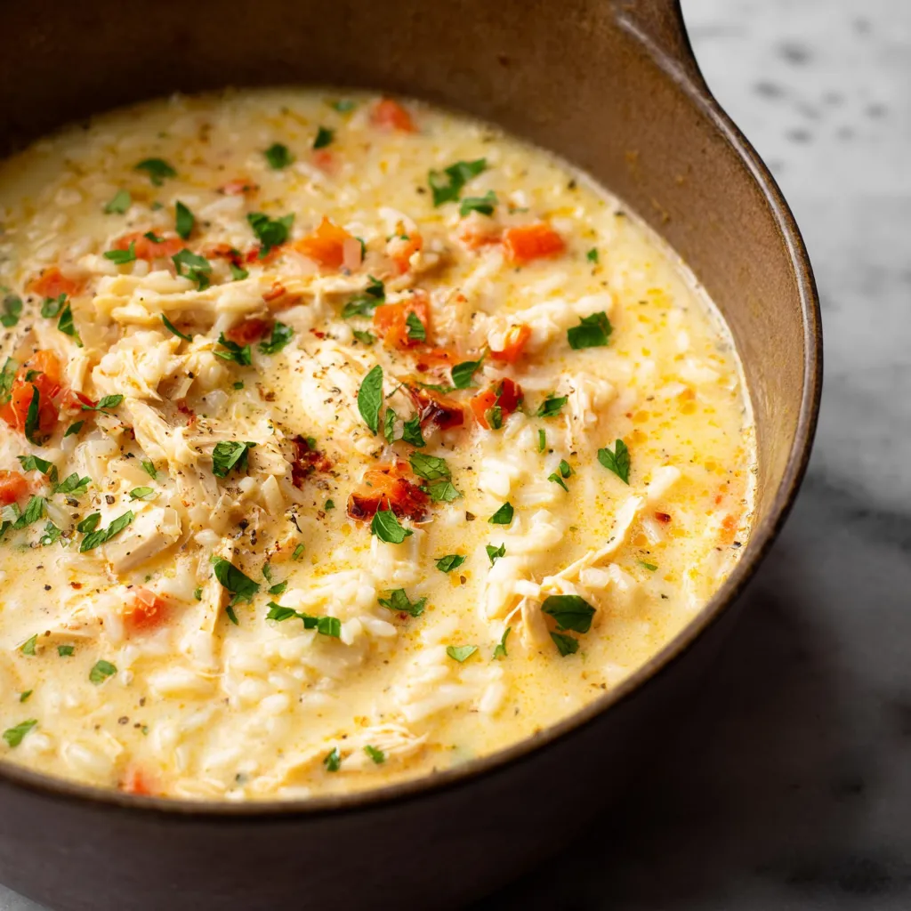 Savory chicken soup with chunks of potatoes and fresh herbs.