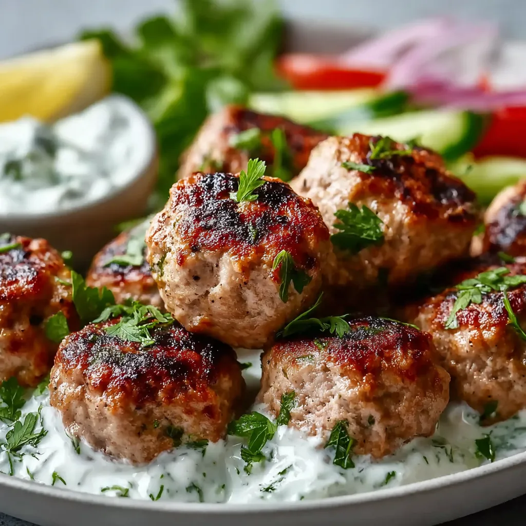 Savory Greek turkey meatballs with a creamy tzatziki dip, served on a wooden board.