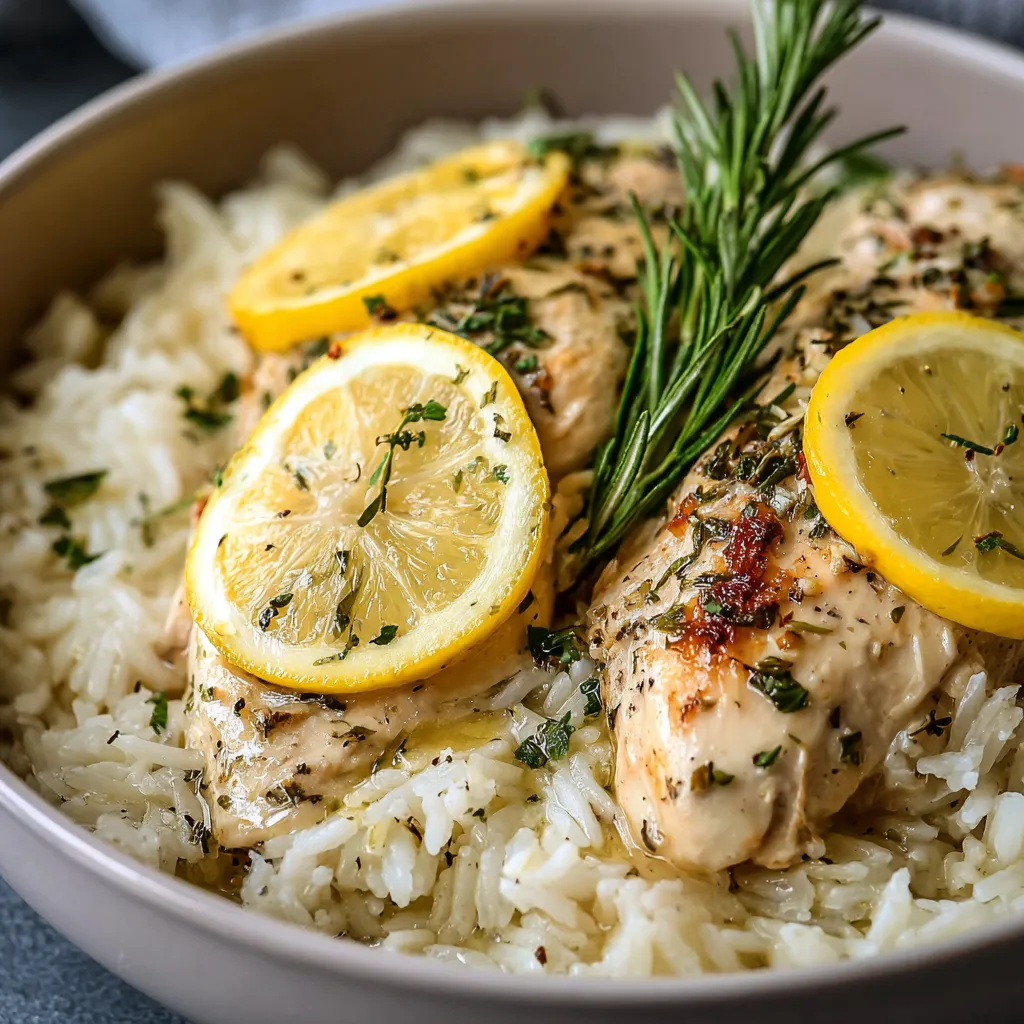 Close-up shot of a serving of Slow Cooker Lemon Herb Chicken And Rice, showcasing the tender chicken and fluffy rice.