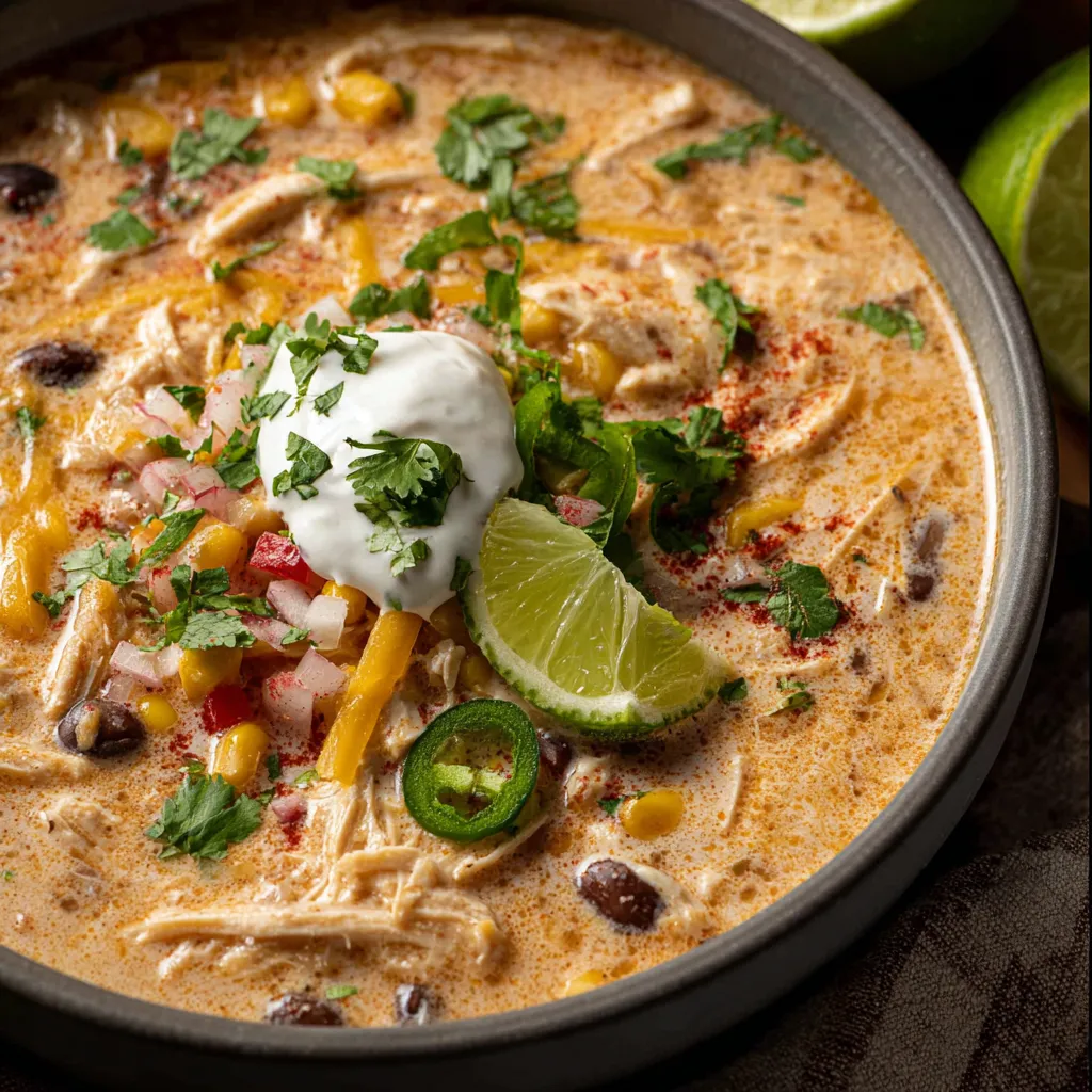 Close-up of flavorful Chicken Taco Soup in a bowl, showcasing the vibrant ingredients.