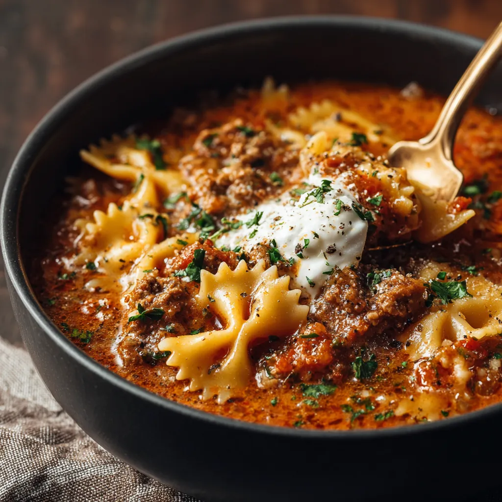 Close-up of hearty Lasagna Soup in a bowl, showcasing its rich texture and delicious ingredients.