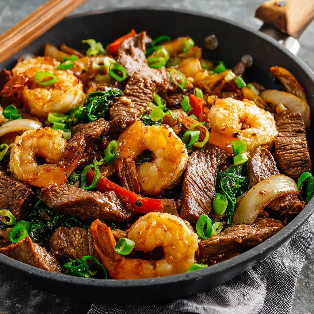 Close-up shot of the delicious Steak And Shrimp Stir-Fry, showcasing the juicy steak and plump shrimp among colorful vegetables.