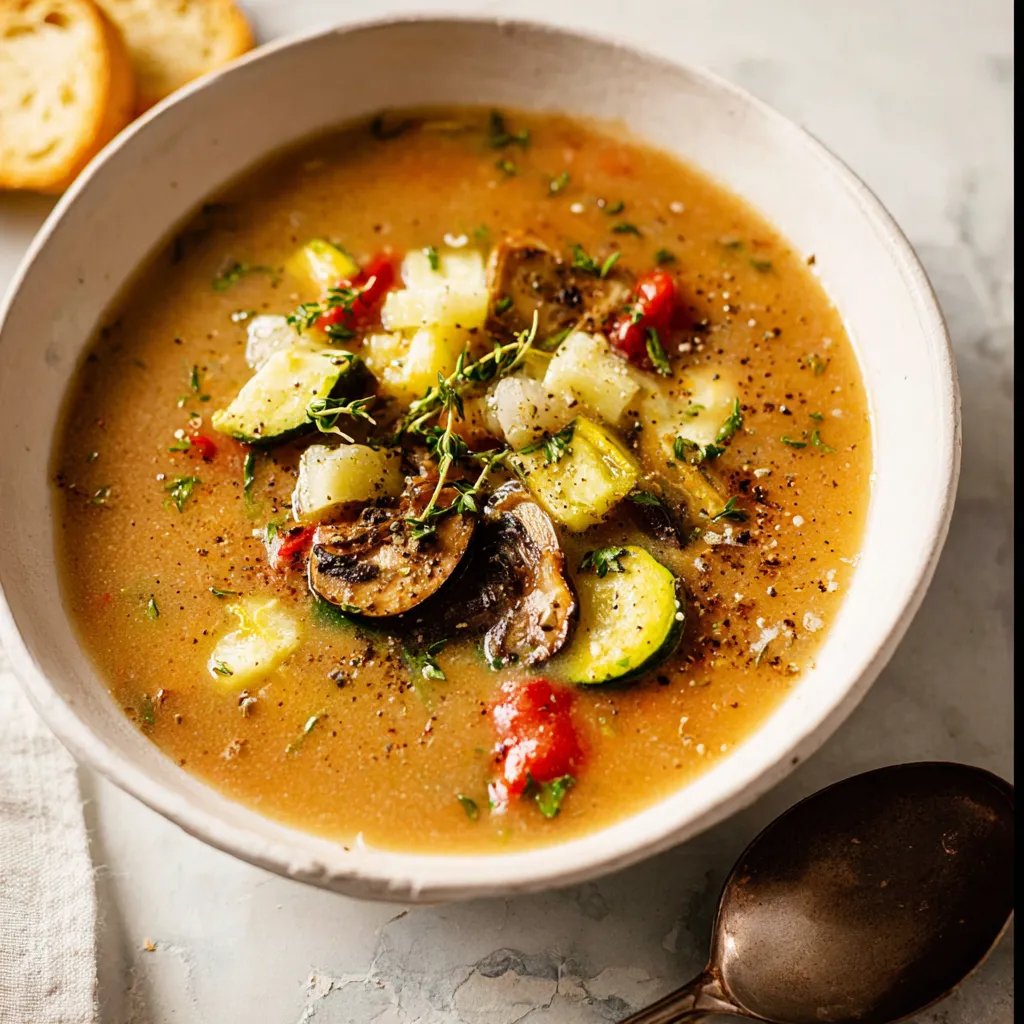 A close-up shot showcases the vibrant colors and textures of Remi's Ratatouille Soup, highlighting its delicious ingredients.