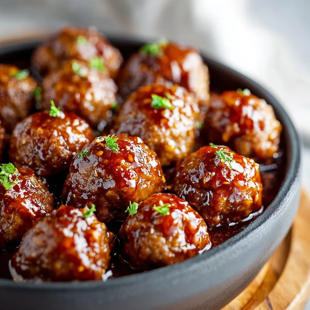 Close-up of delicious Sweet Chili Meatballs Crockpot ready to be served.