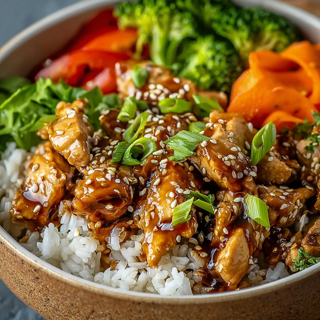 A delicious Teriyaki Chicken Rice Bowl with tender chicken, flavorful teriyaki sauce, and steaming white rice.