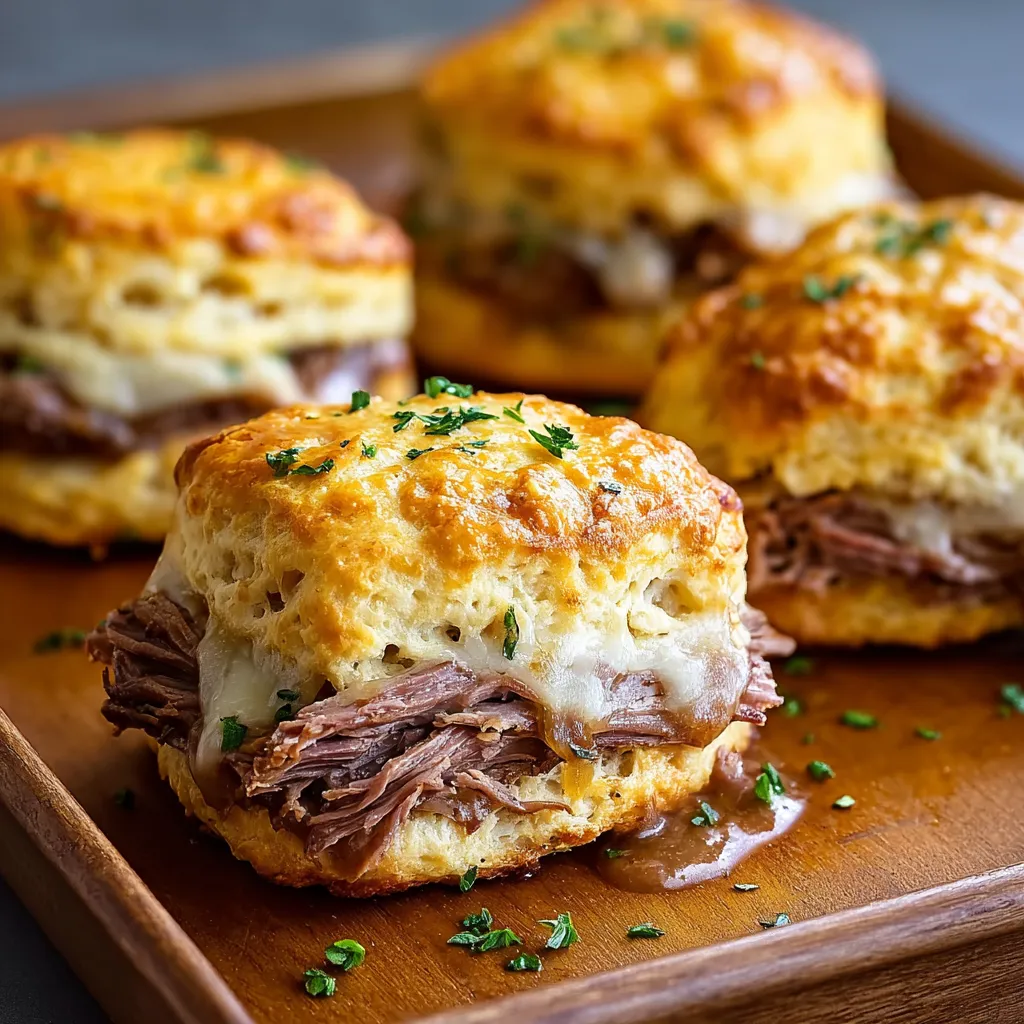 Baked French Dip Biscuits with melted cheese and savory beef filling.