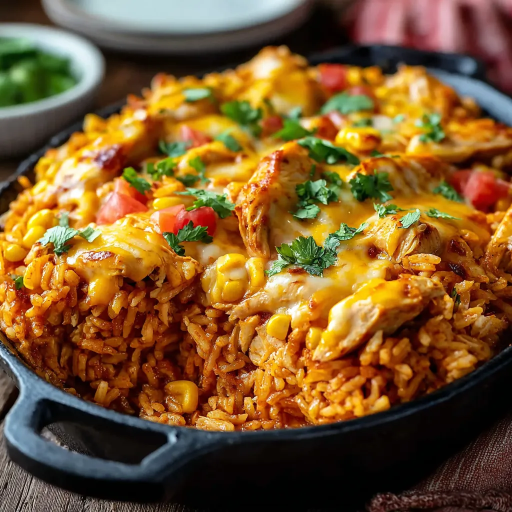 Cheesy Chicken Enchilada Rice Casserole, a delicious and visually appealing dish featuring a creamy, cheese-infused rice mixture with tender chicken and enchilada flavors.