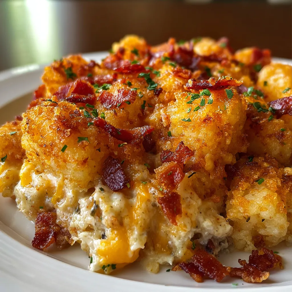 Delicious Chicken Bacon Ranch Tater Tot Casserole dish with melted cheese and crispy tater tots.