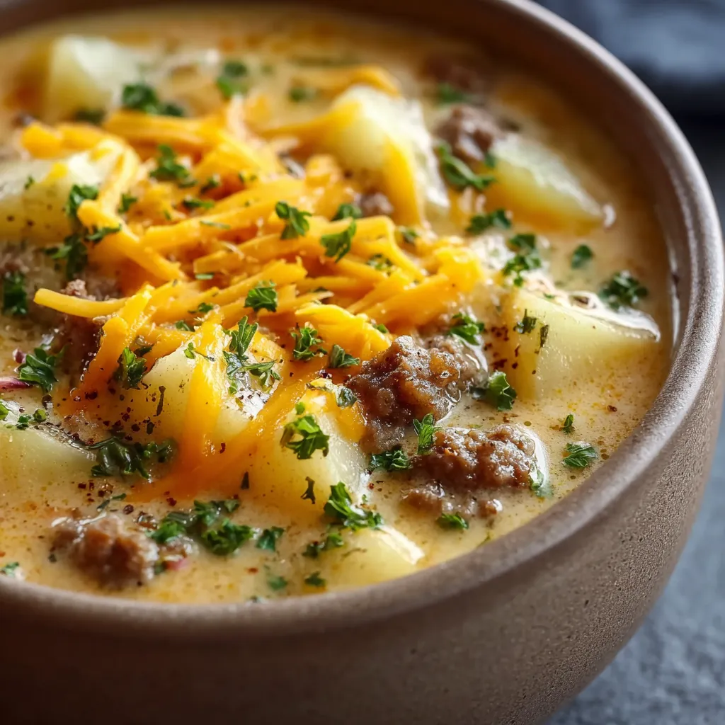 A delectable bowl of creamy loaded baked potato soup, garnished with crispy bacon, shredded cheese, and fresh chives.