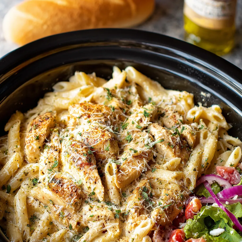 Crockpot Olive Garden Chicken dish with tender chicken, creamy sauce, and savory vegetables.
