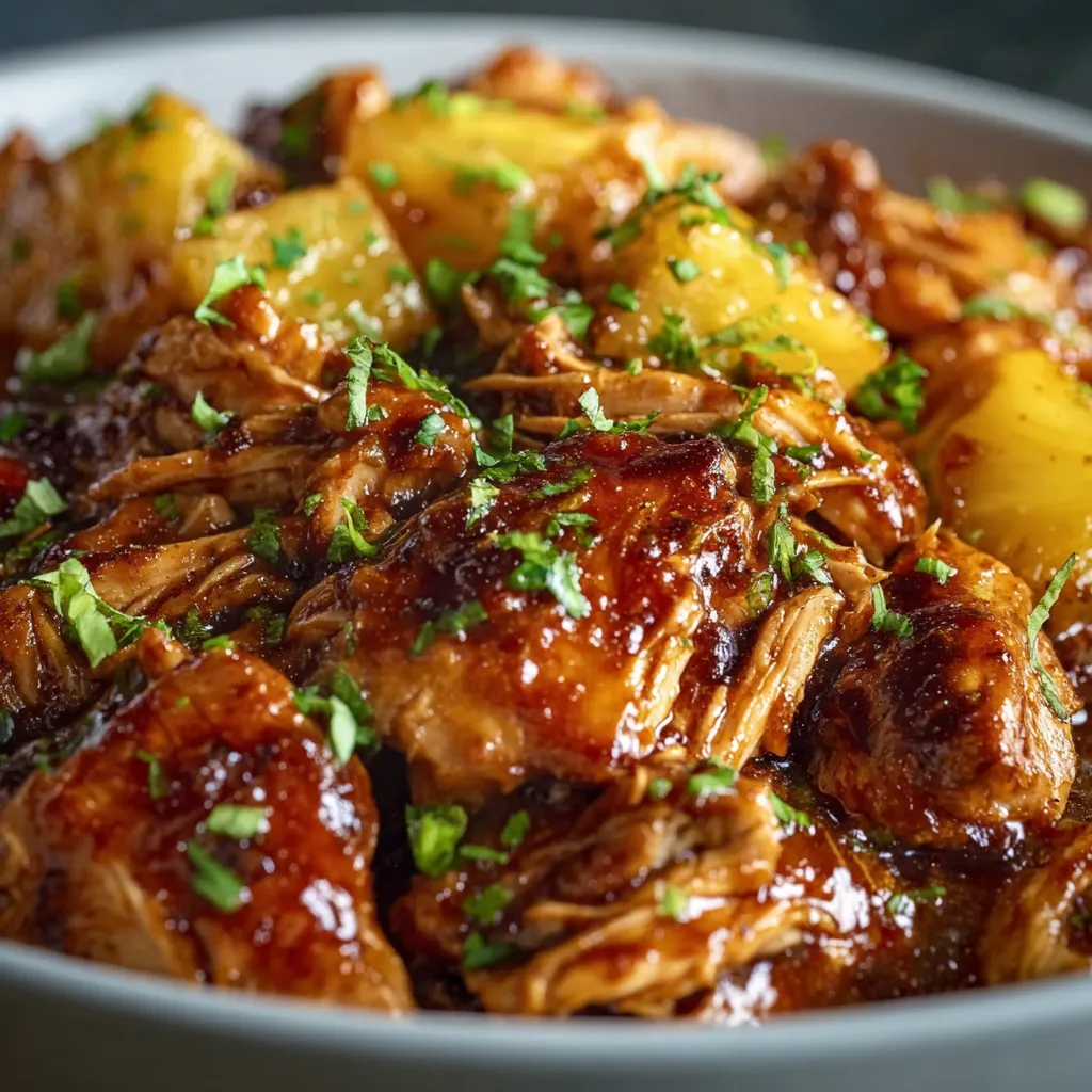 Crockpot Pineapple BBQ Chicken dish with tender chicken, sweet pineapple, and savory barbecue sauce.
