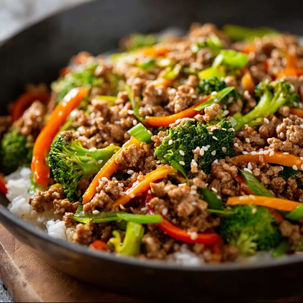 A delicious plate of Ground Turkey Teriyaki Stir Fry, featuring sautéed vegetables and tender ground turkey in a savory teriyaki sauce.