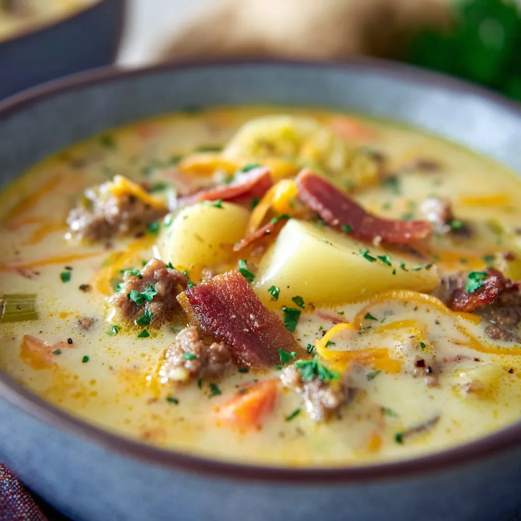 Delicious bowl of homemade Hamburger Potato Soup, a comforting and hearty dish.