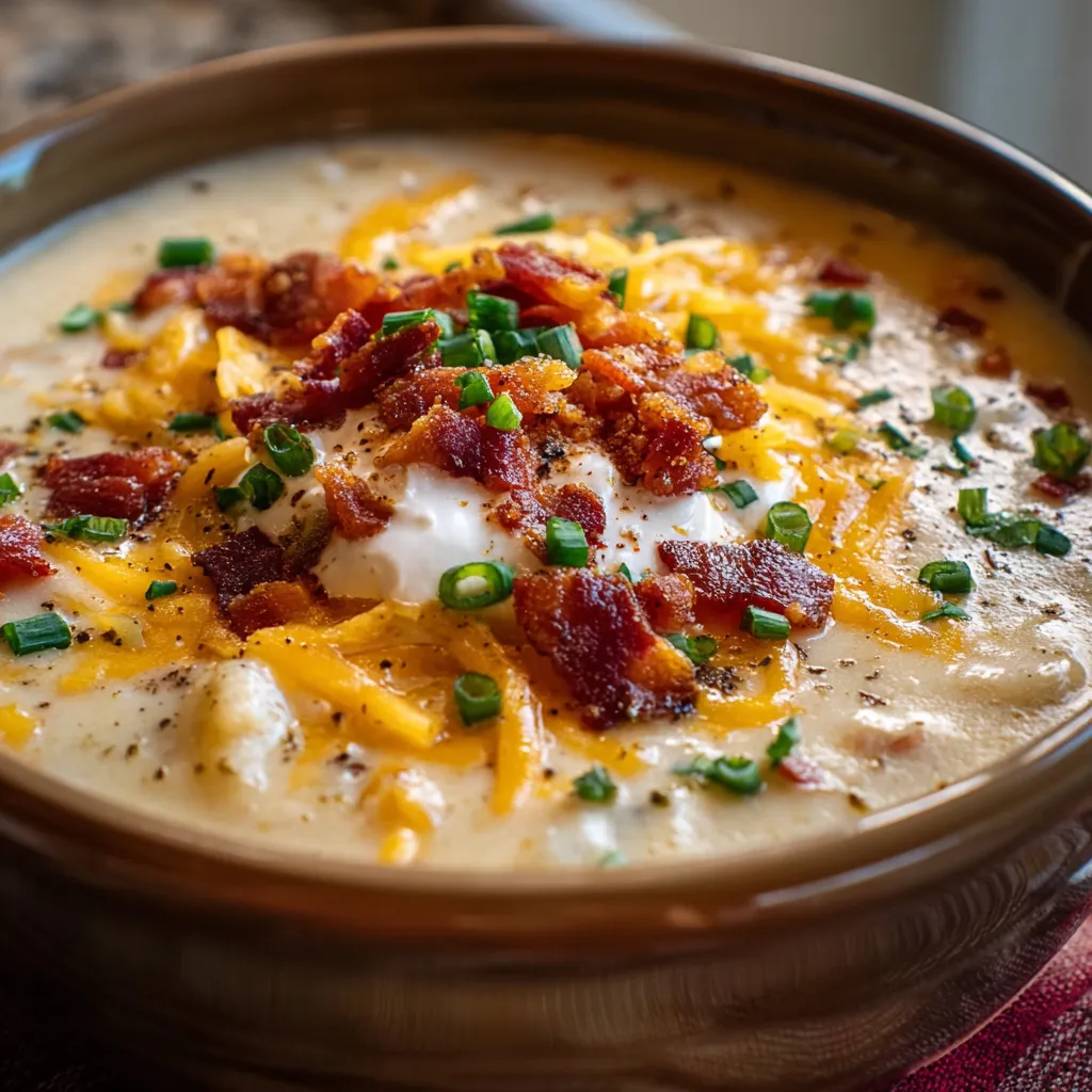 A creamy, comforting bowl of Loaded Baked Potato Soup, featuring tender potatoes, crispy bacon, and melted cheese.