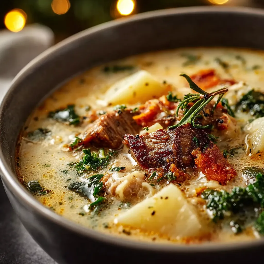Delectable bowl of homemade Steak & Potato Soup, featuring tender beef and hearty vegetables.