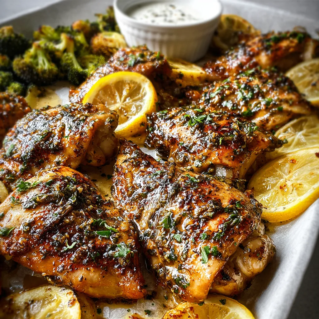 Freshly grilled Zesty Lemon Garlic Chicken served on a plate with lemon wedges.