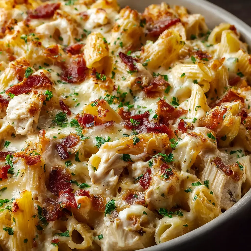 IRRESISTIBLE CREAMY CHICKEN BACON RANCH PASTA BAKE