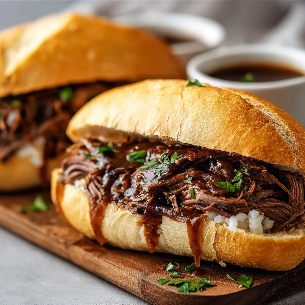 Slow-Cooked Crockpot French Dip Sandwiches with melted cheese and juicy roast beef on a toasted bun.