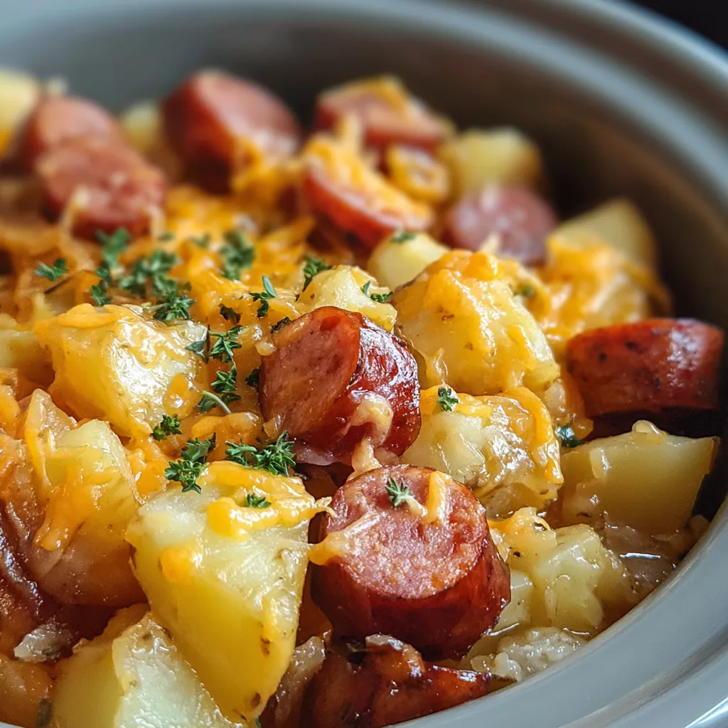Creamy Crockpot Cheesy Potatoes and Kielbasa dish, featuring a second content image.