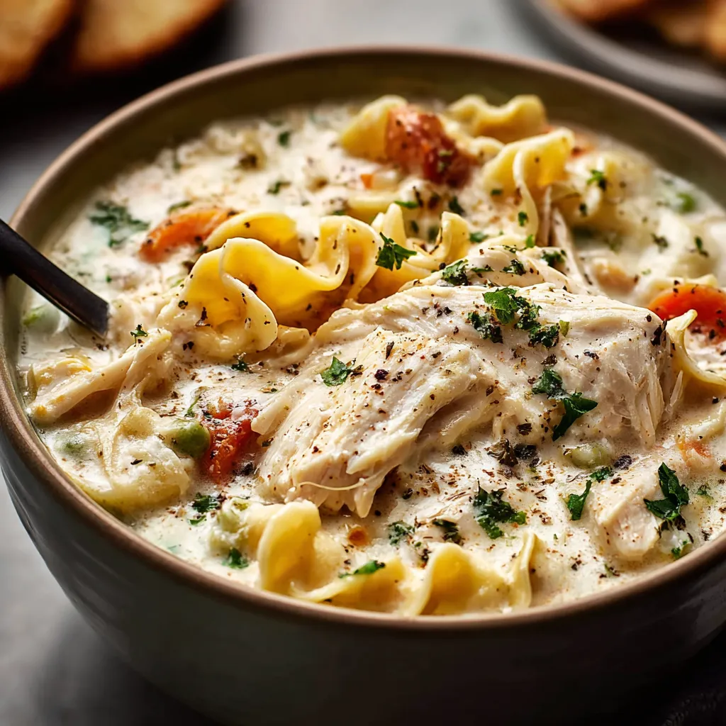 A delectable bowl of Creamy White Chicken Lasagna Soup, showcasing a hearty and comforting meal with tender chicken, creamy broth, and the flavors of lasagna.