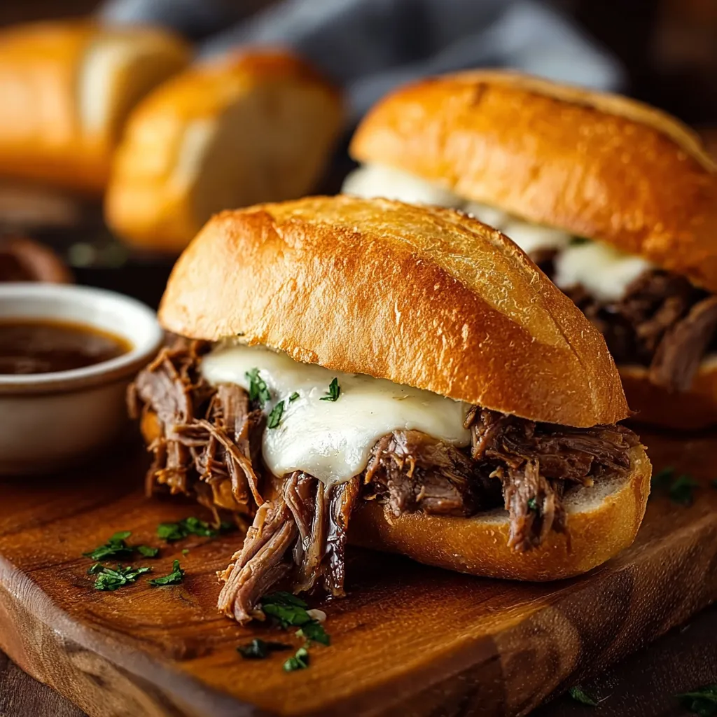 Mouthwatering Crock Pot French Dip Sandwiches with tender roast beef and melted cheese on crusty bread.
