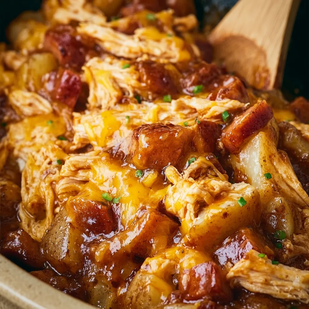 Crockpot BBQ chicken simmering in a slow cooker, ready to be served.