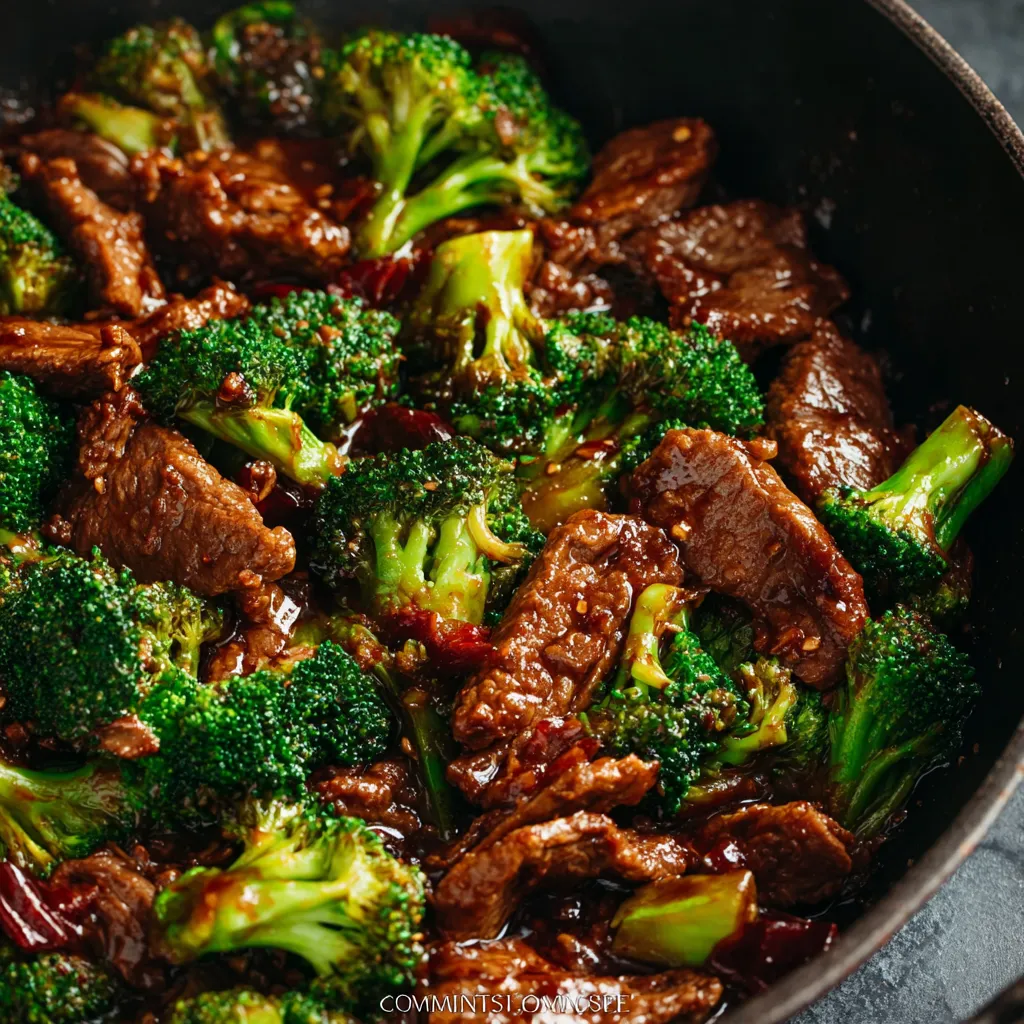 A delectable dish of Chinese Beef and Broccoli, featuring tender beef and fresh broccoli florets in a savory sauce.
