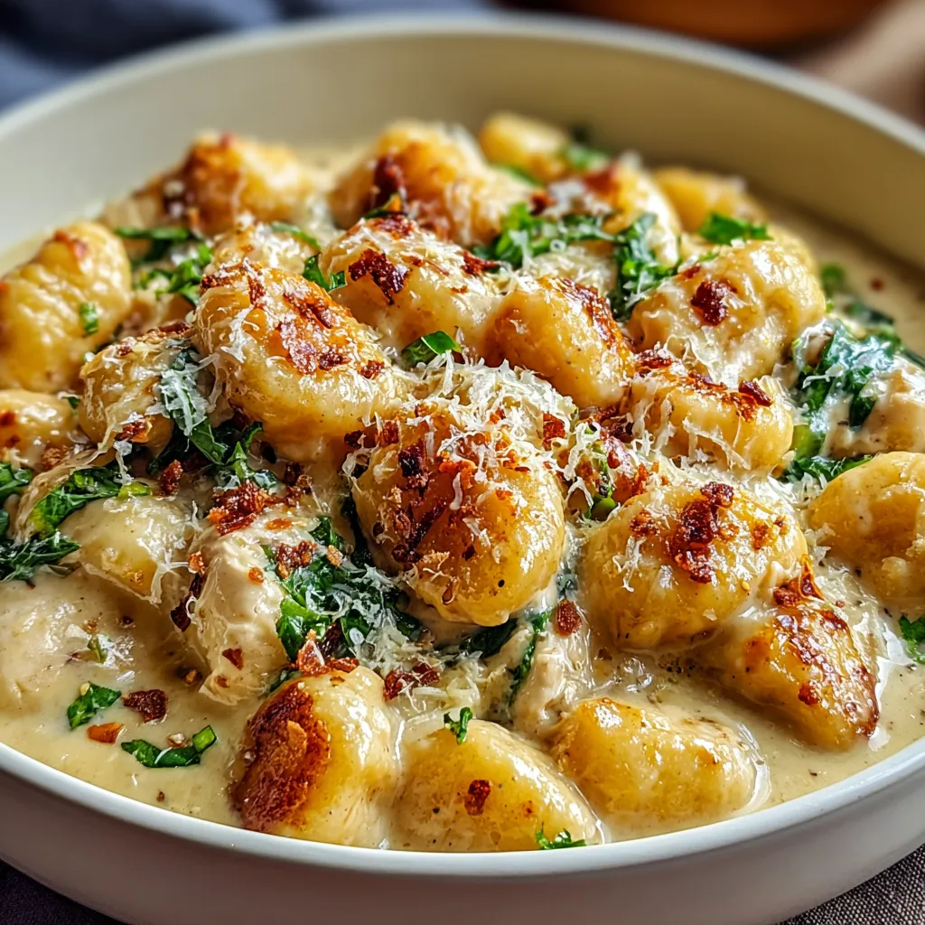 Delectable creamy chicken gnocchi dish with tender chicken, pillowy gnocchi, and a rich, velvety sauce.