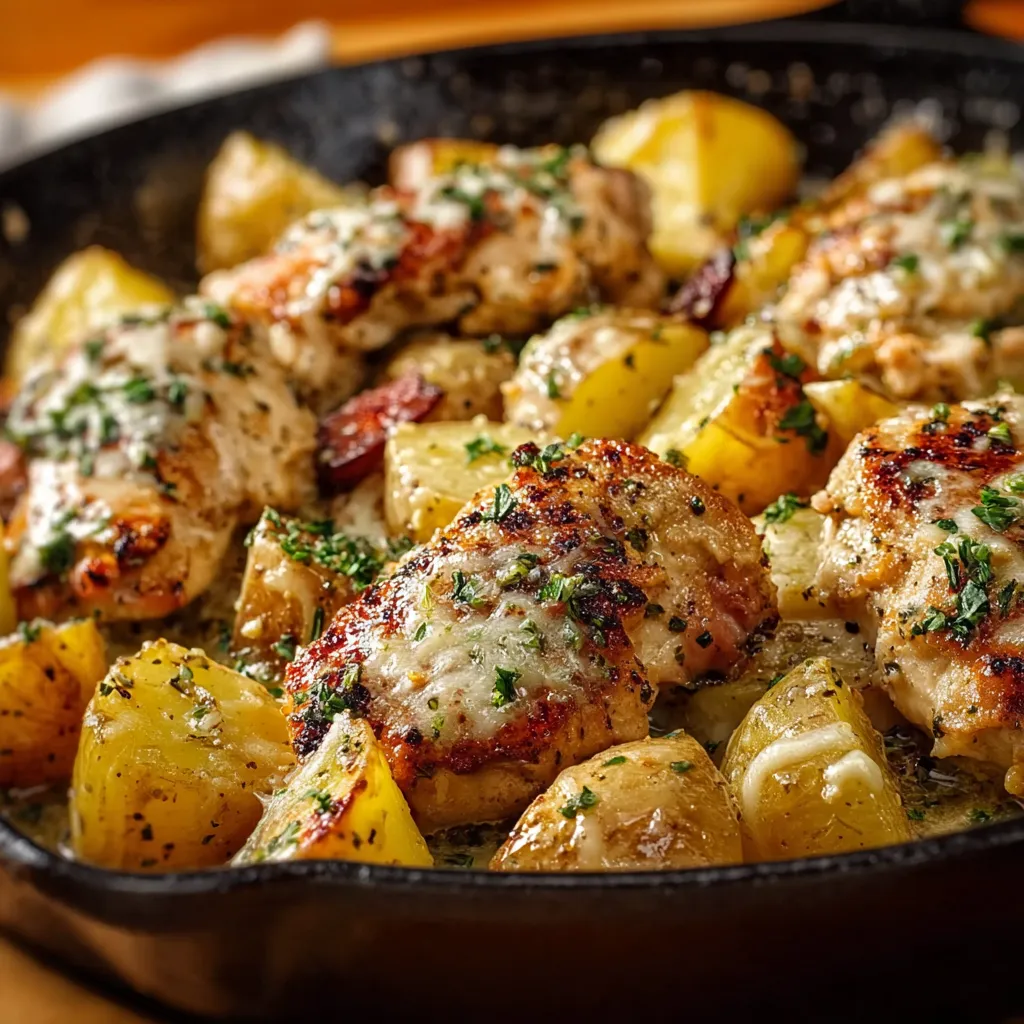 A delectable Garlic Parmesan Chicken Potatoes Skillet dish, featuring golden-brown chicken, roasted potatoes, and a creamy, cheesy sauce.