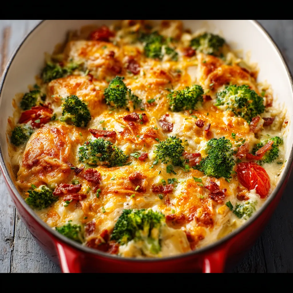 A delicious low-carb chicken casserole dish with tender chicken, melted cheese, and a creamy sauce.