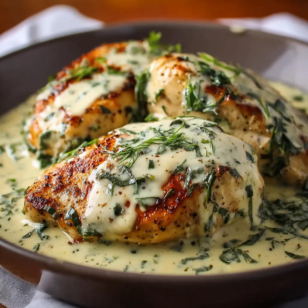 Mozzarella chicken breasts in a creamy basil sauce, garnished with fresh basil leaves.