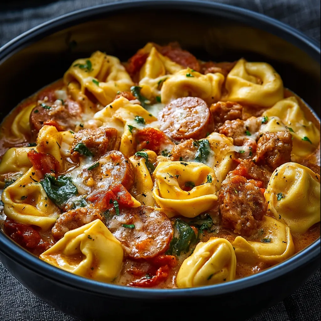 Crockpot Cheese Tortellini and Sausage Bake: A delectable casserole dish with tender pasta, savory sausage, and melted cheese.