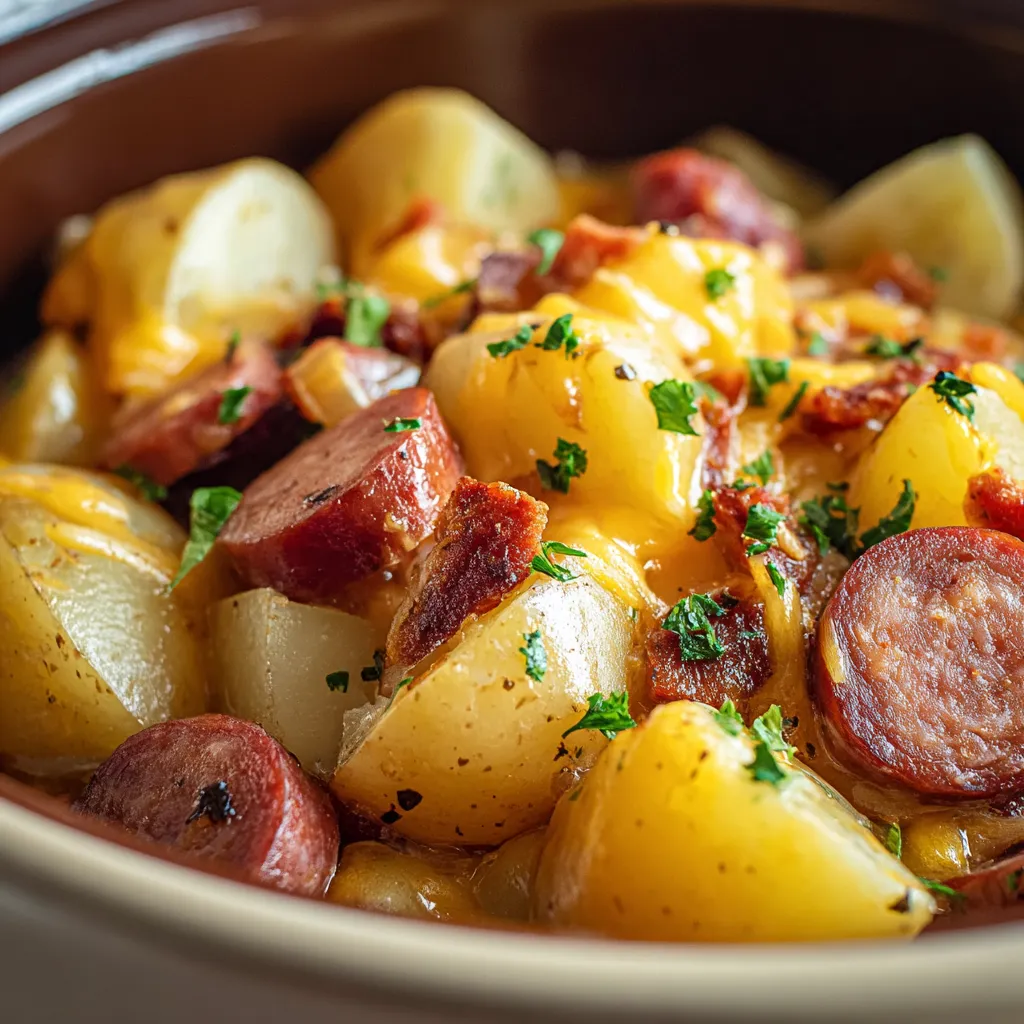 CREAMY CROCKPOT CHEESY POTATOES AND KIELBASA HEAVEN