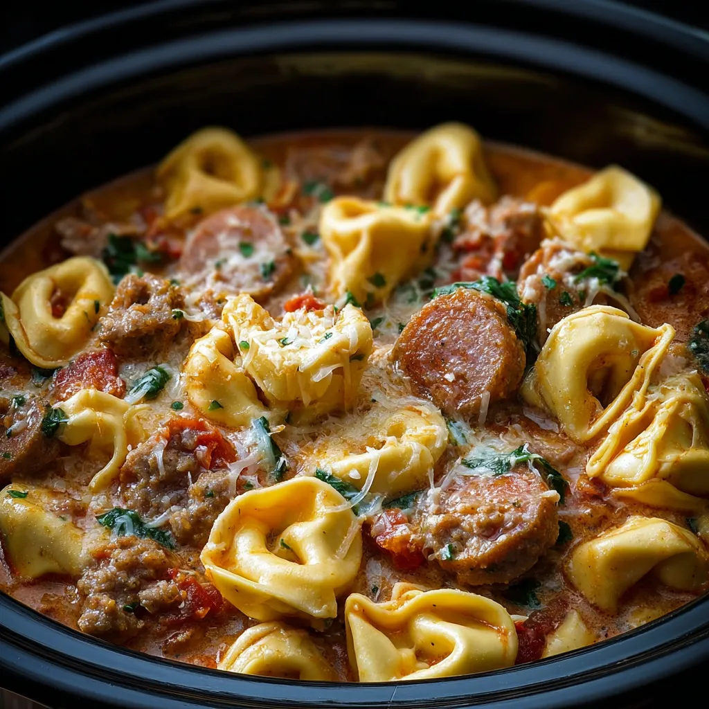 PERFECT CROCKPOT CHEESE TORTELLINI AND SAUSAGE BAKE